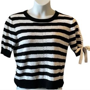 Womens CAbi runaway pullover white and black striped shirt sleeved sweater